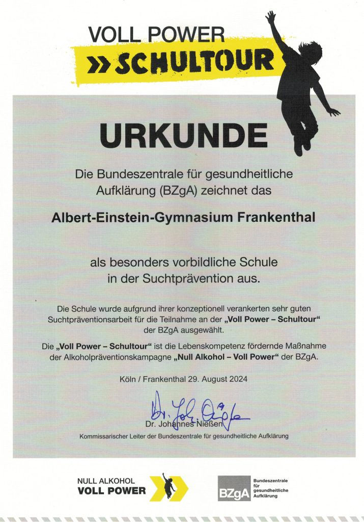 Suchtprävention Urkunde Carton+Weigel